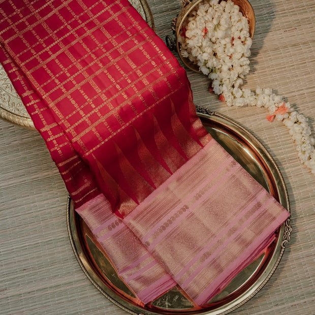 Pink & Red Silk Saree with Golden Zari Weave
