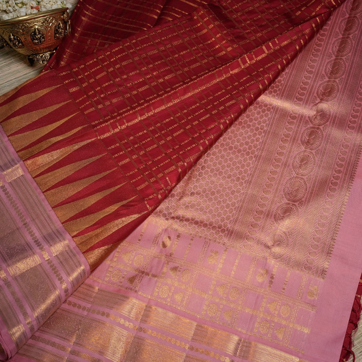 Pink & Red Silk Saree with Golden Zari Weave