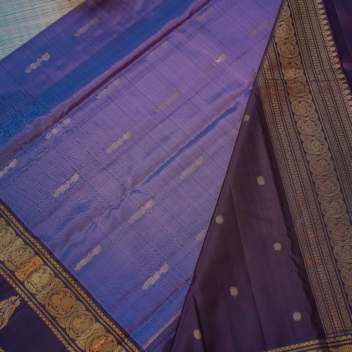 Purple & Maroon Silk Saree with Rich Gold Border