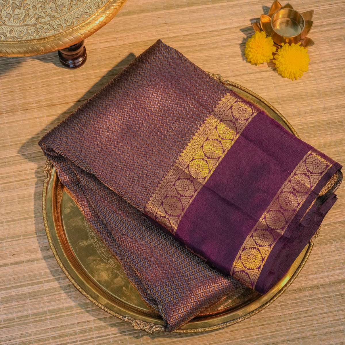 Purple Silk Saree with Gold Floral Border