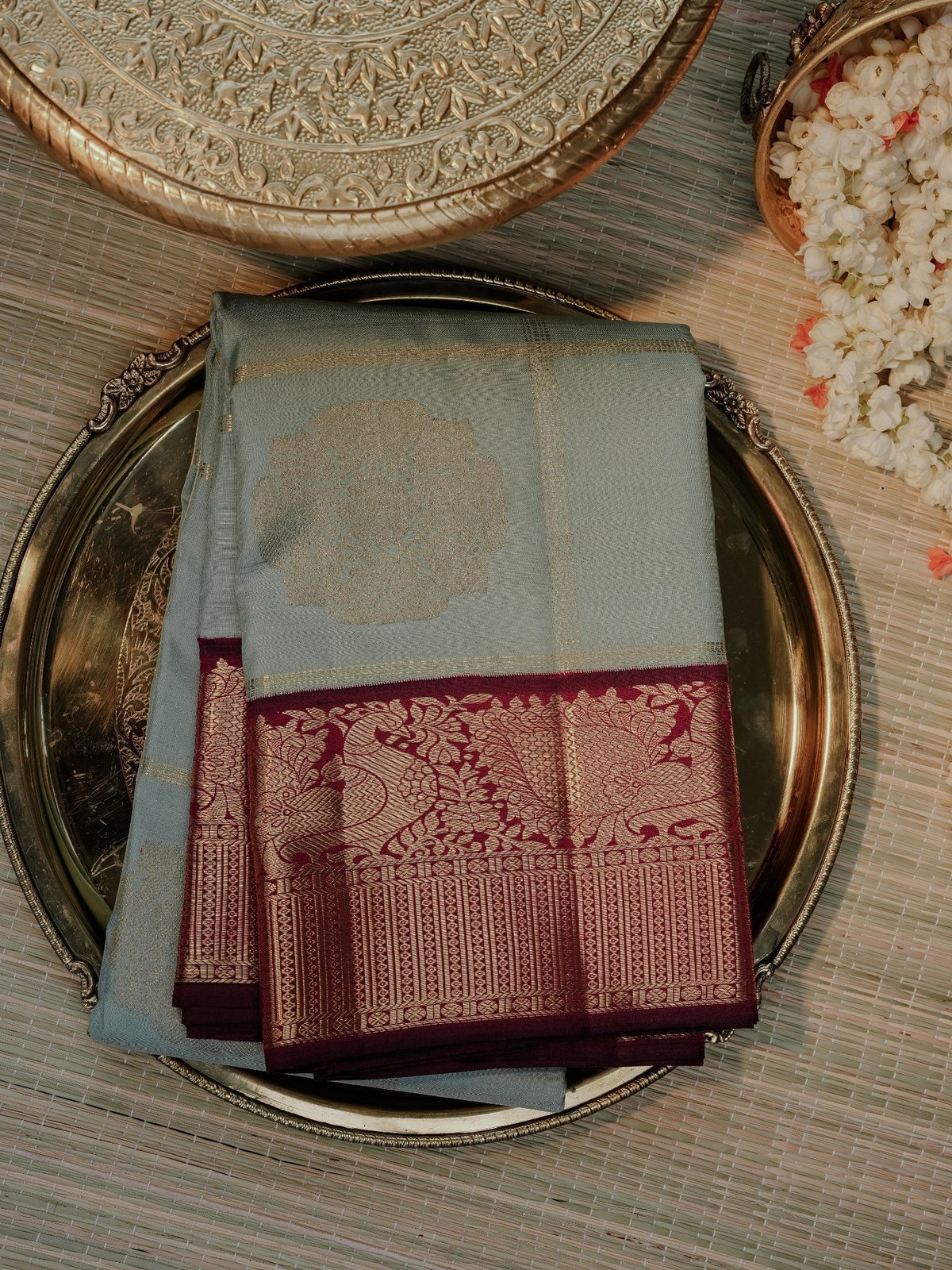 Sage Blue & Wine Zari Border Saree