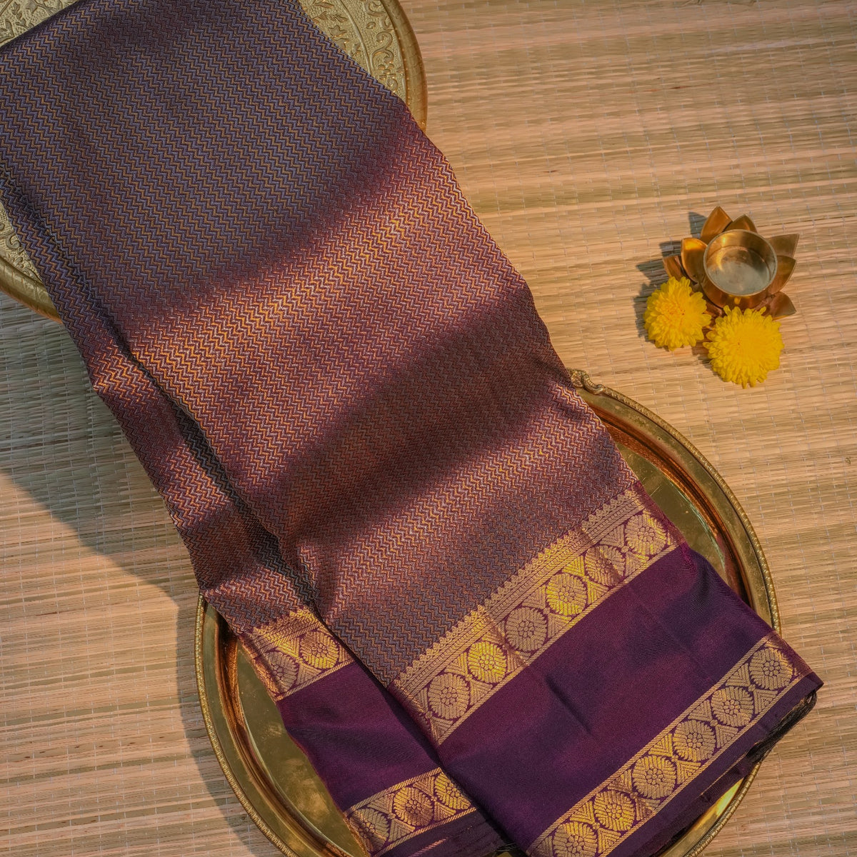 Purple Silk Saree with Gold Floral Border