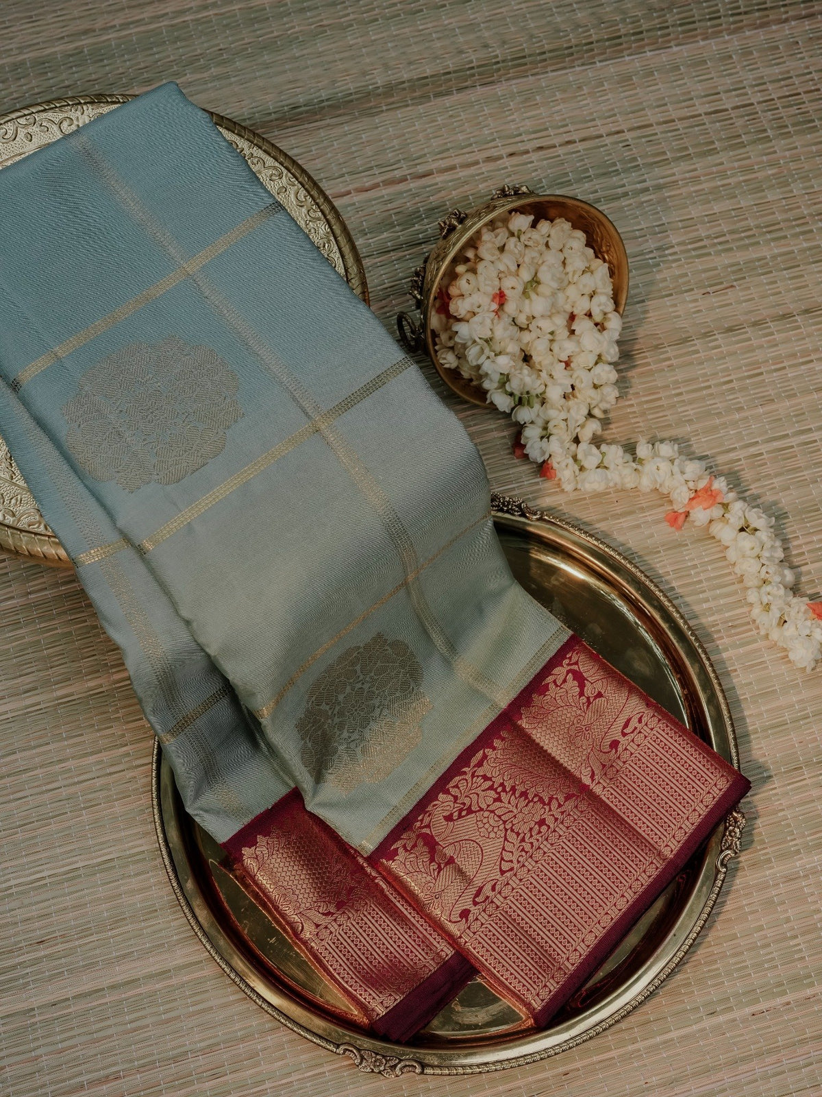 Sage Blue & Wine Zari Border Saree