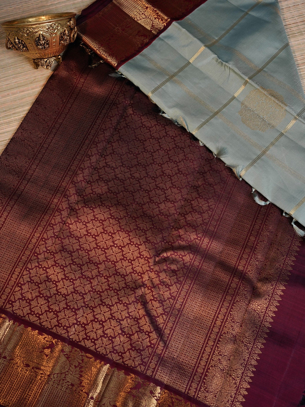 Sage Blue & Wine Zari Border Saree