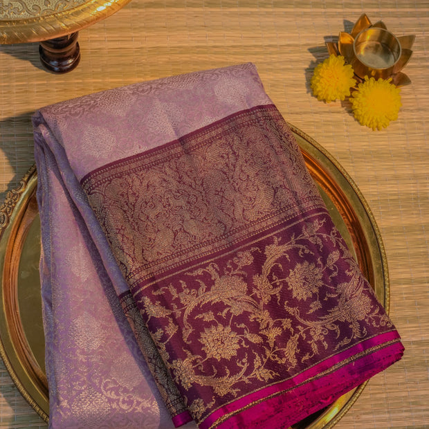 Lavender & Maroon Silk Saree with Floral Border