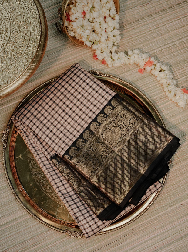 Blush Pink Checked Saree with Black Gold Border
