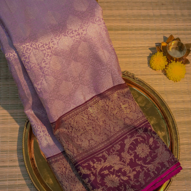 Lavender & Maroon Silk Saree with Floral Border