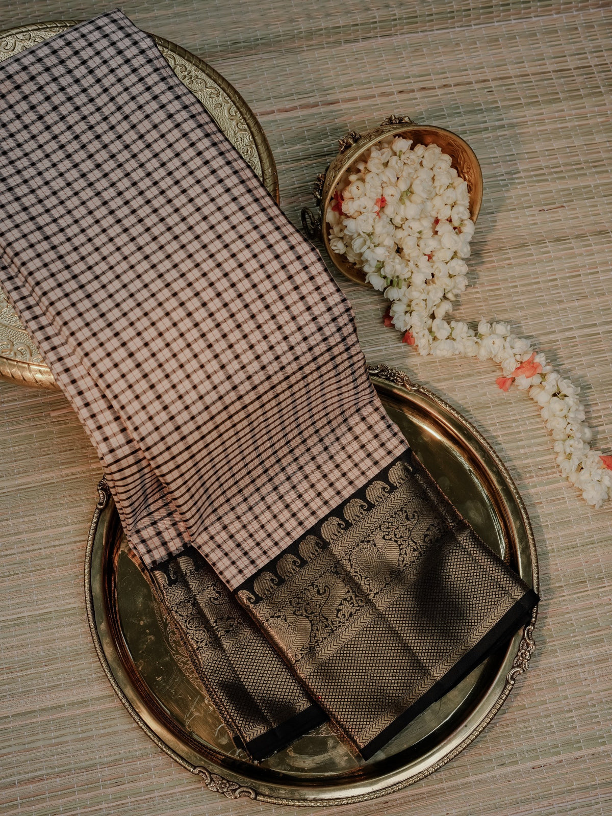 Blush Pink Checked Saree with Black Gold Border