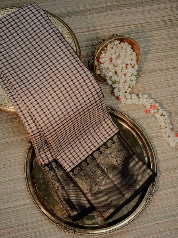 Blush Pink Checked Saree with Black Gold Border