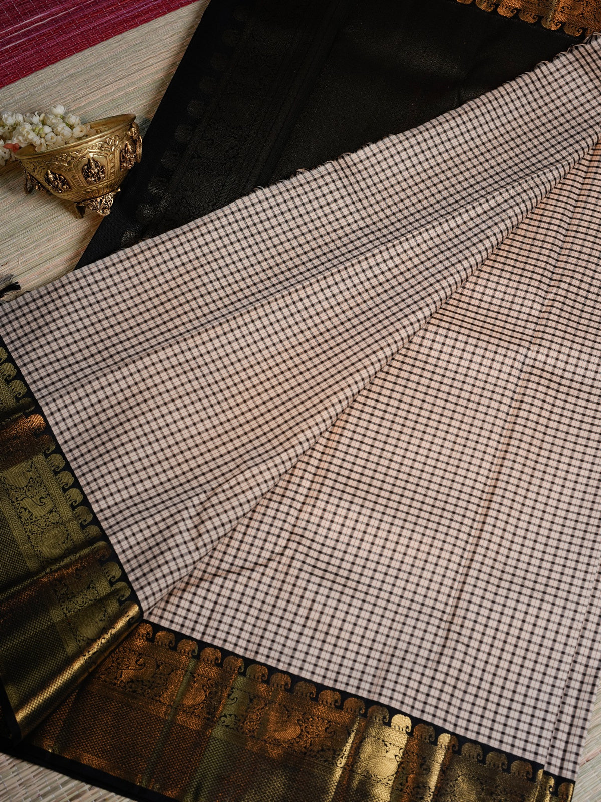 Blush Pink Checked Saree with Black Gold Border
