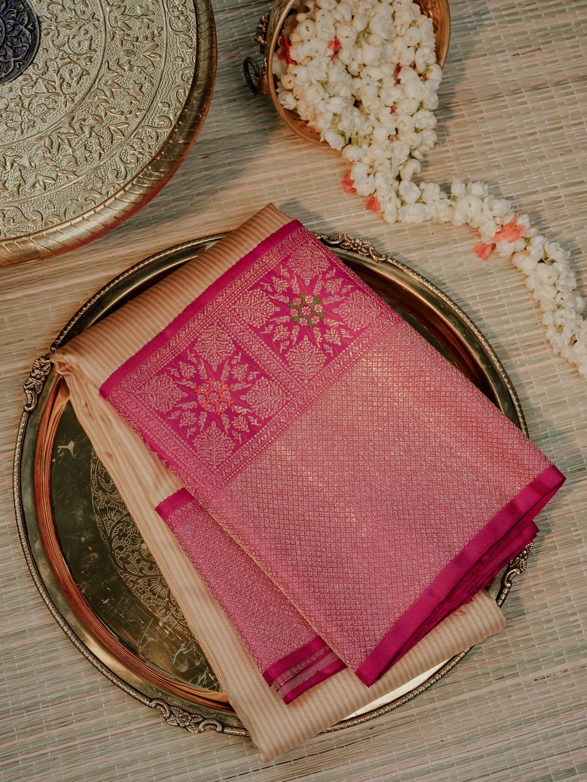 Champagne Beige & Pink Zari Saree