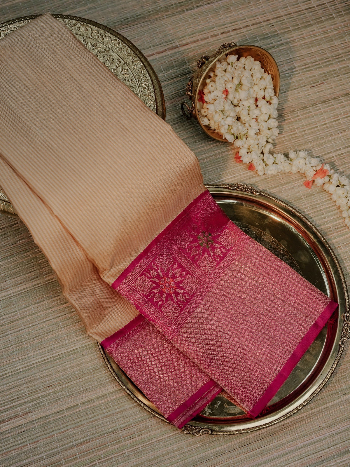 Champagne Beige & Pink Zari Saree