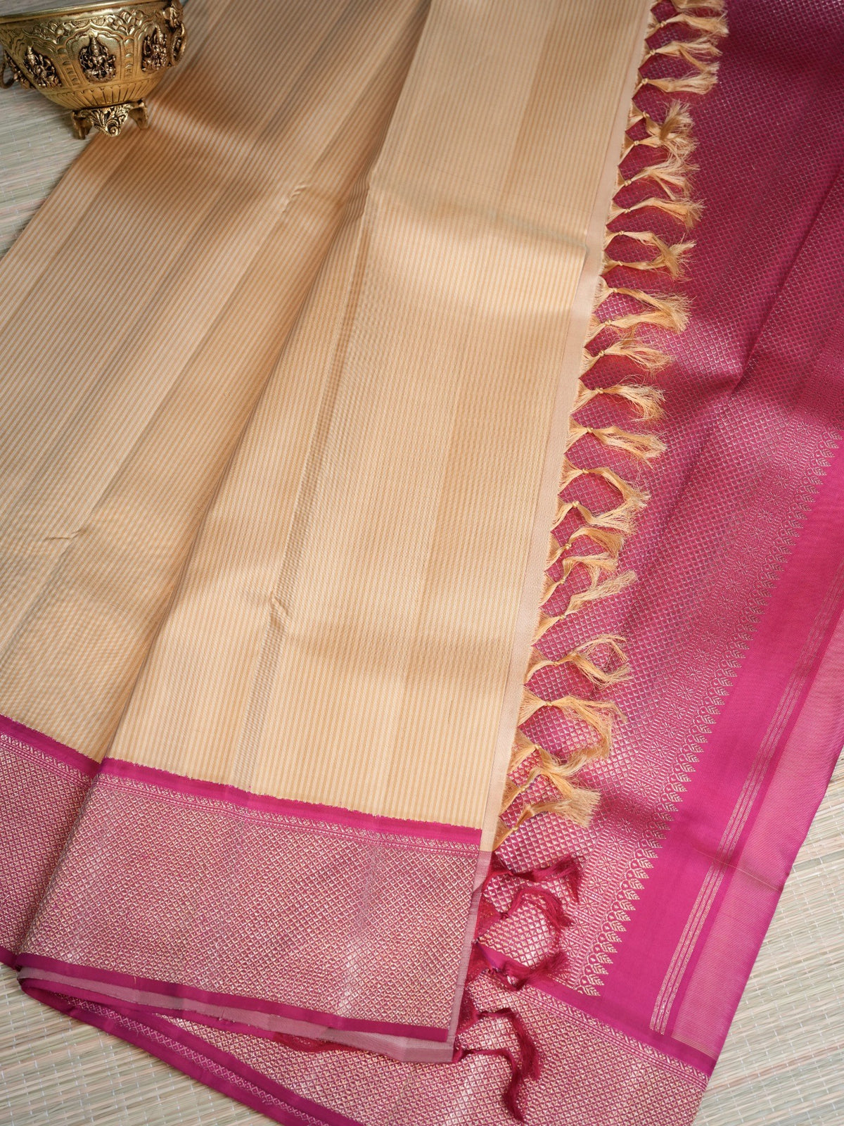 Champagne Beige & Pink Zari Saree