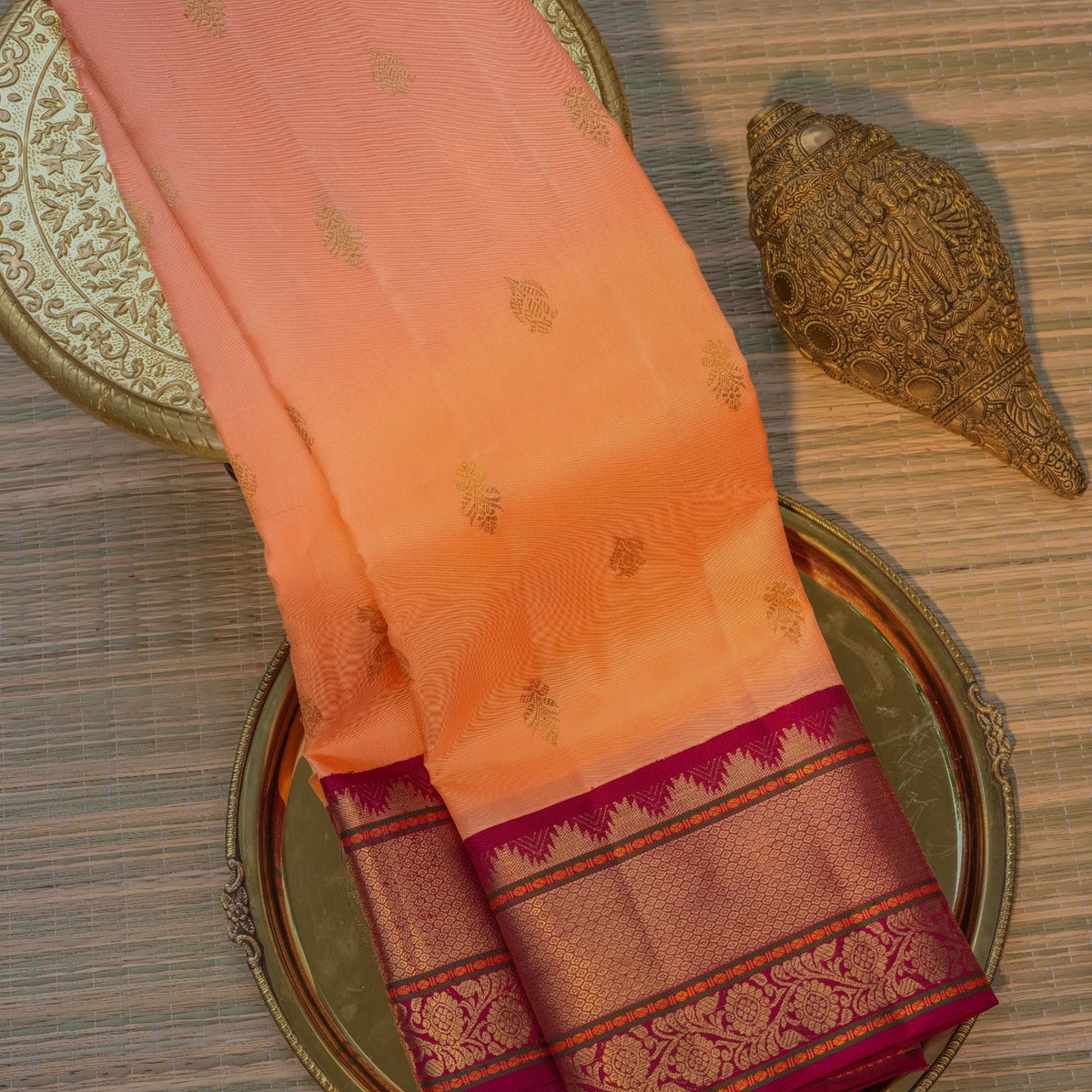 Wine & Peach Silk Saree with Intricate Golden Bird Motifs