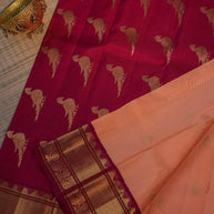 Wine & Peach Silk Saree with Intricate Golden Bird Motifs