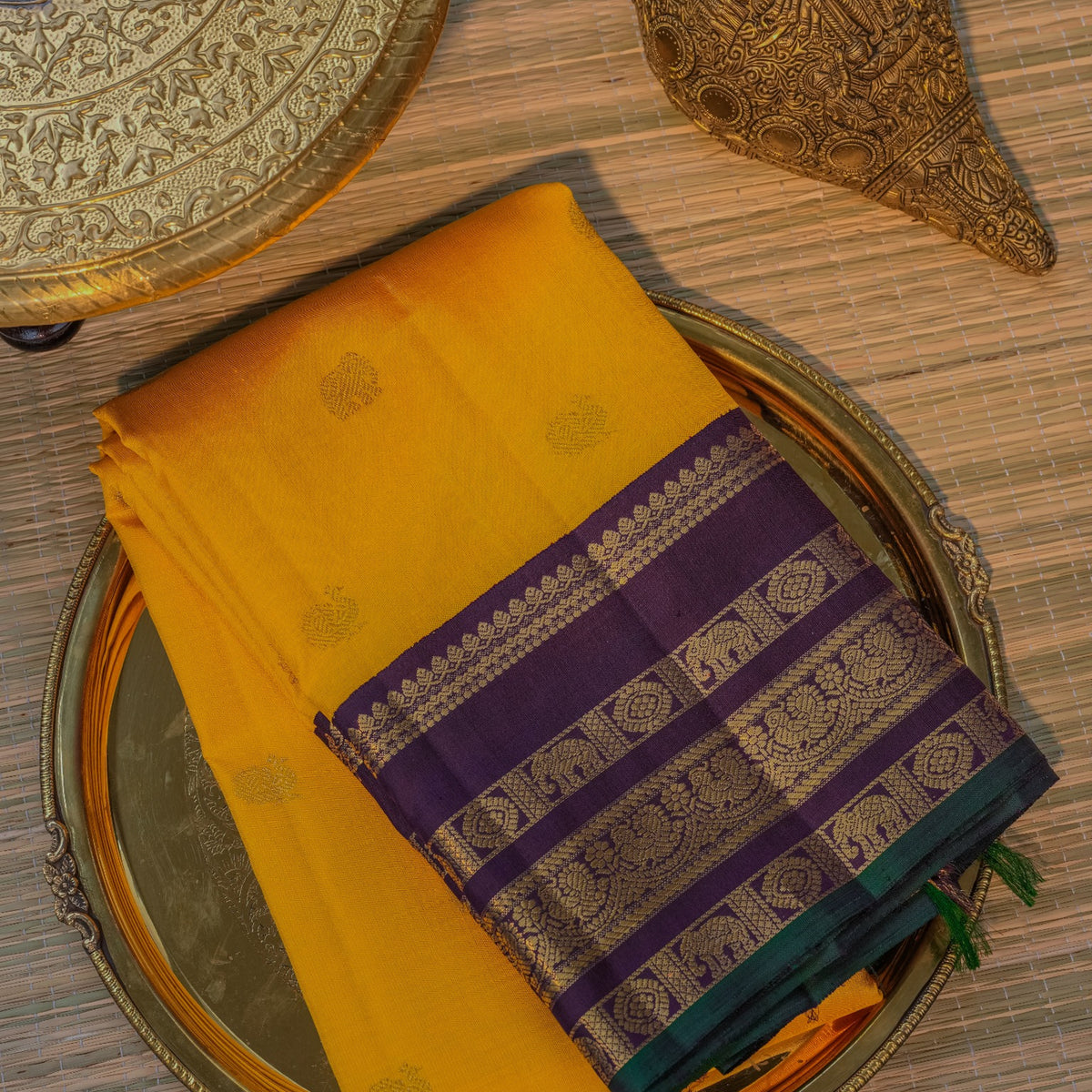 Mustard Yellow Kanchipuram Silk Saree with Purple Elephant Border