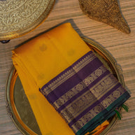 Mustard Yellow Kanchipuram Silk Saree with Purple Elephant Border