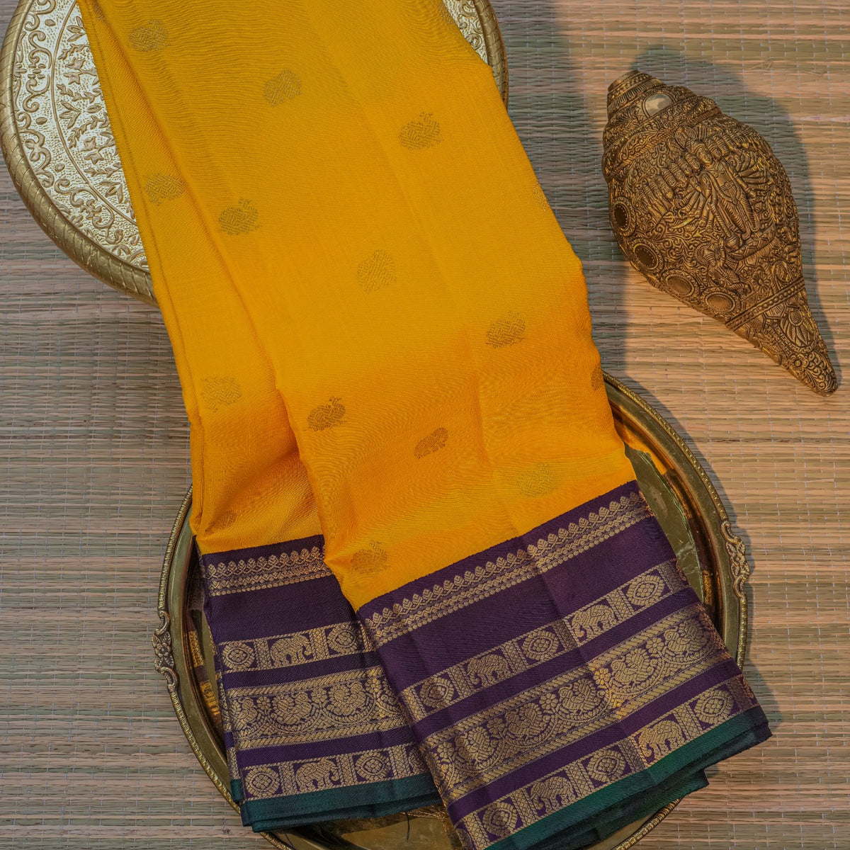 Mustard Yellow Kanchipuram Silk Saree with Purple Elephant Border
