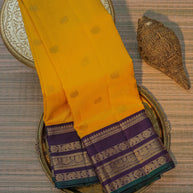 Mustard Yellow Kanchipuram Silk Saree with Purple Elephant Border