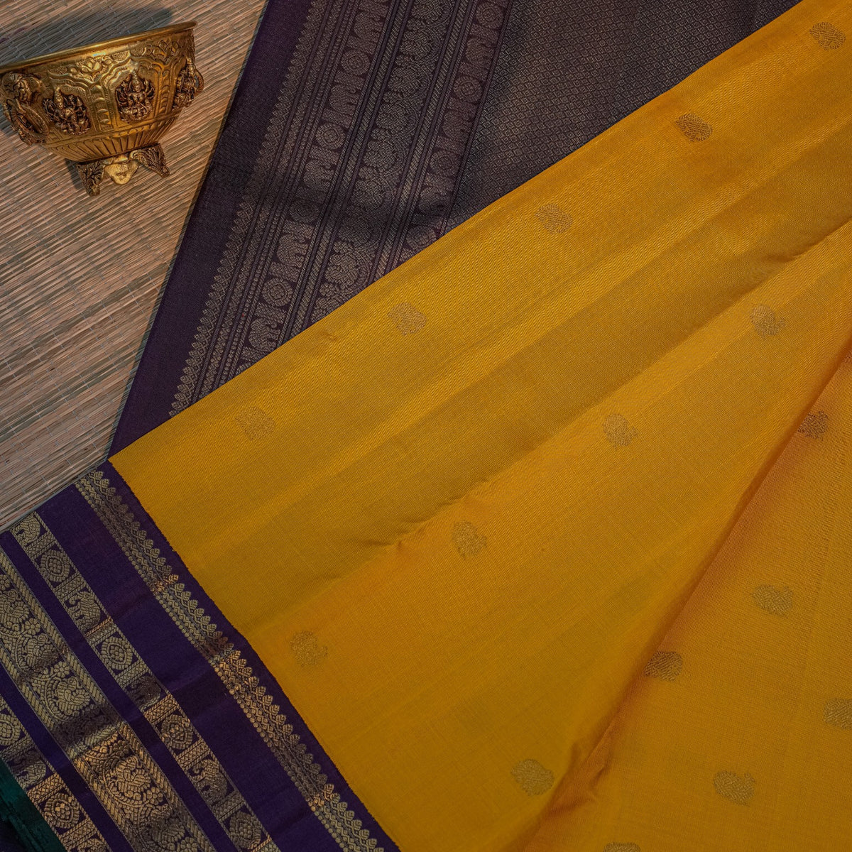 Mustard Yellow Kanchipuram Silk Saree with Purple Elephant Border