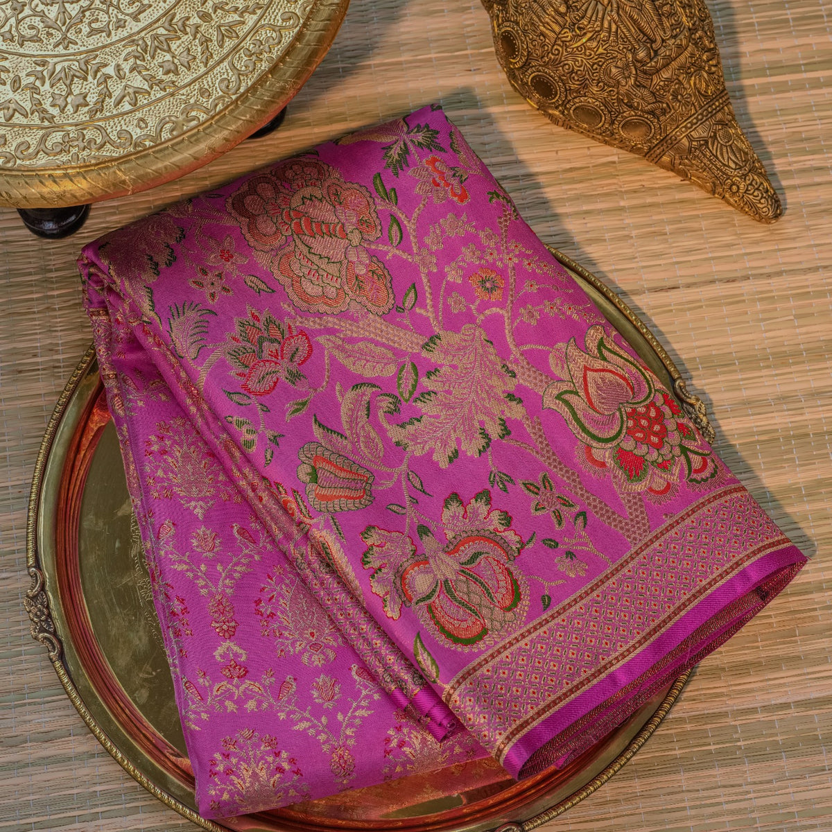 Bright Pink Silk Saree with Floral Design
