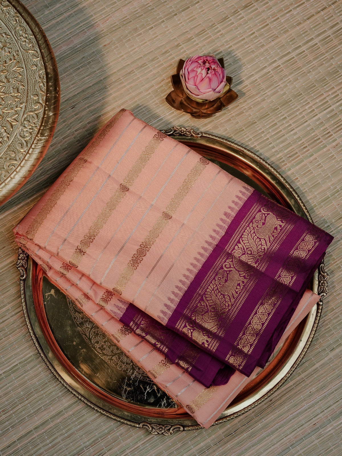 Peach Pink Kanchipuram Silk with Gold Zari Stripes and Purple Border