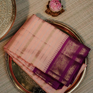 Peach Pink Kanchipuram Silk with Gold Zari Stripes and Purple Border