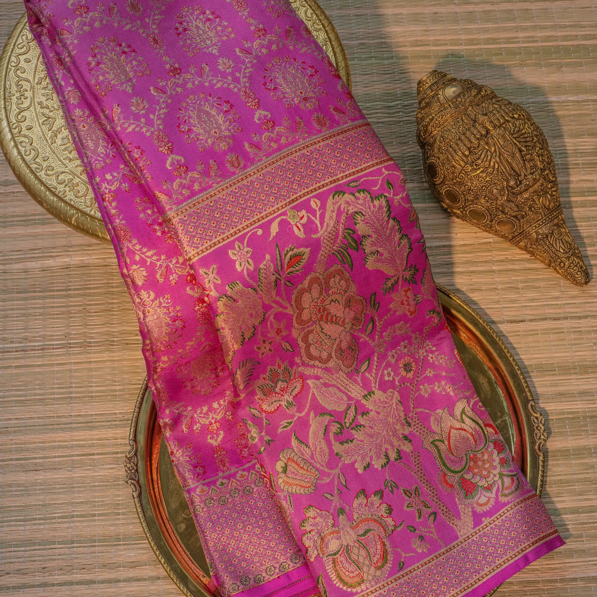 Bright Pink Silk Saree with Floral Design