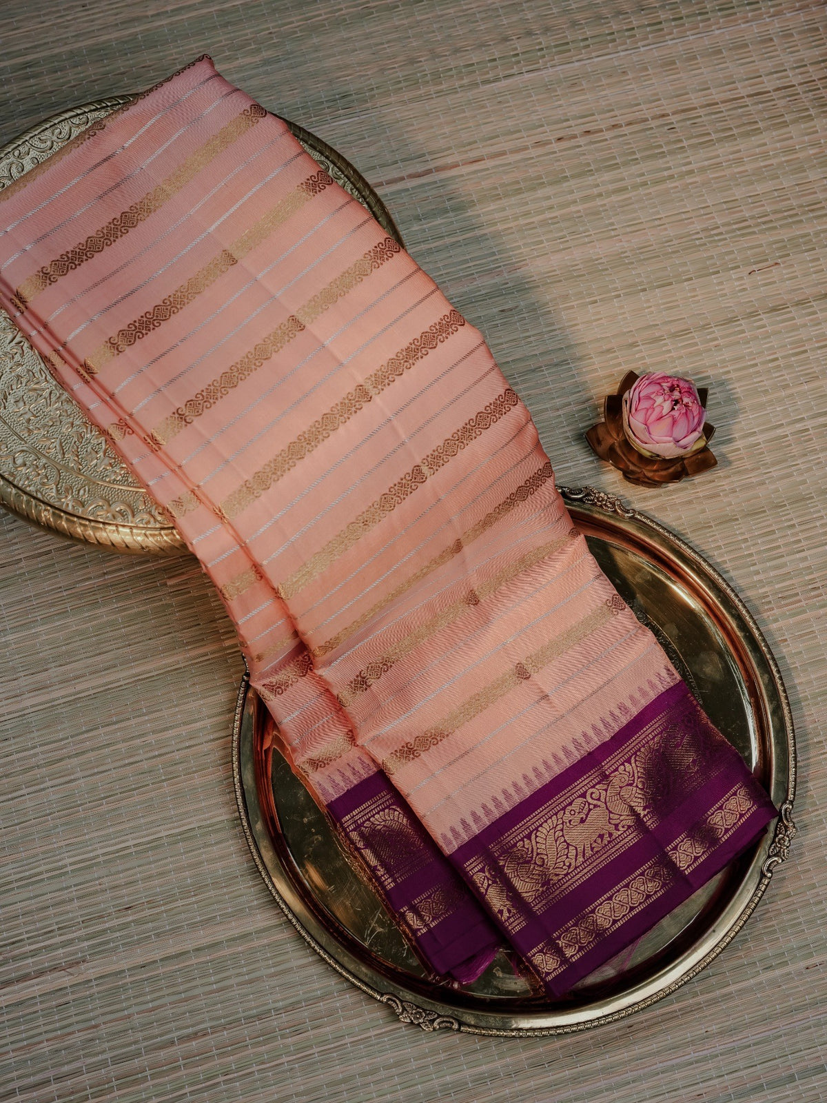Peach Pink Kanchipuram Silk with Gold Zari Stripes and Purple Border
