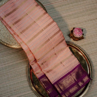 Peach Pink Kanchipuram Silk with Gold Zari Stripes and Purple Border
