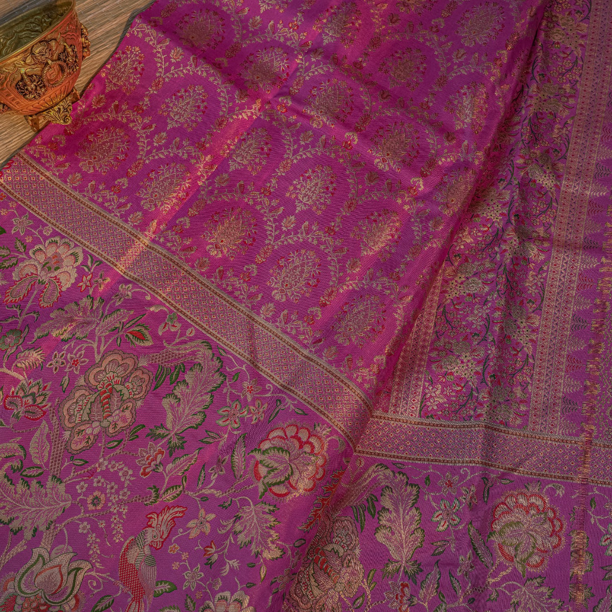Bright Pink Silk Saree with Floral Design