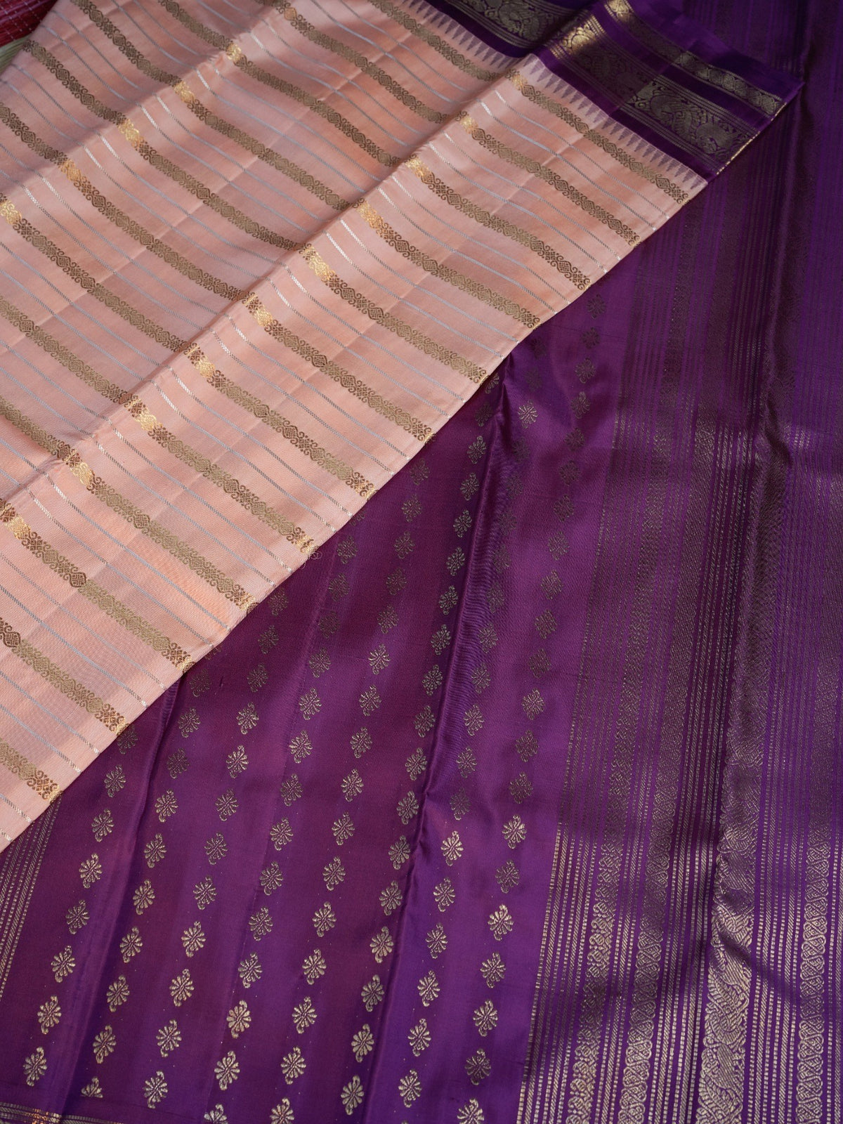 Peach Pink Kanchipuram Silk with Gold Zari Stripes and Purple Border