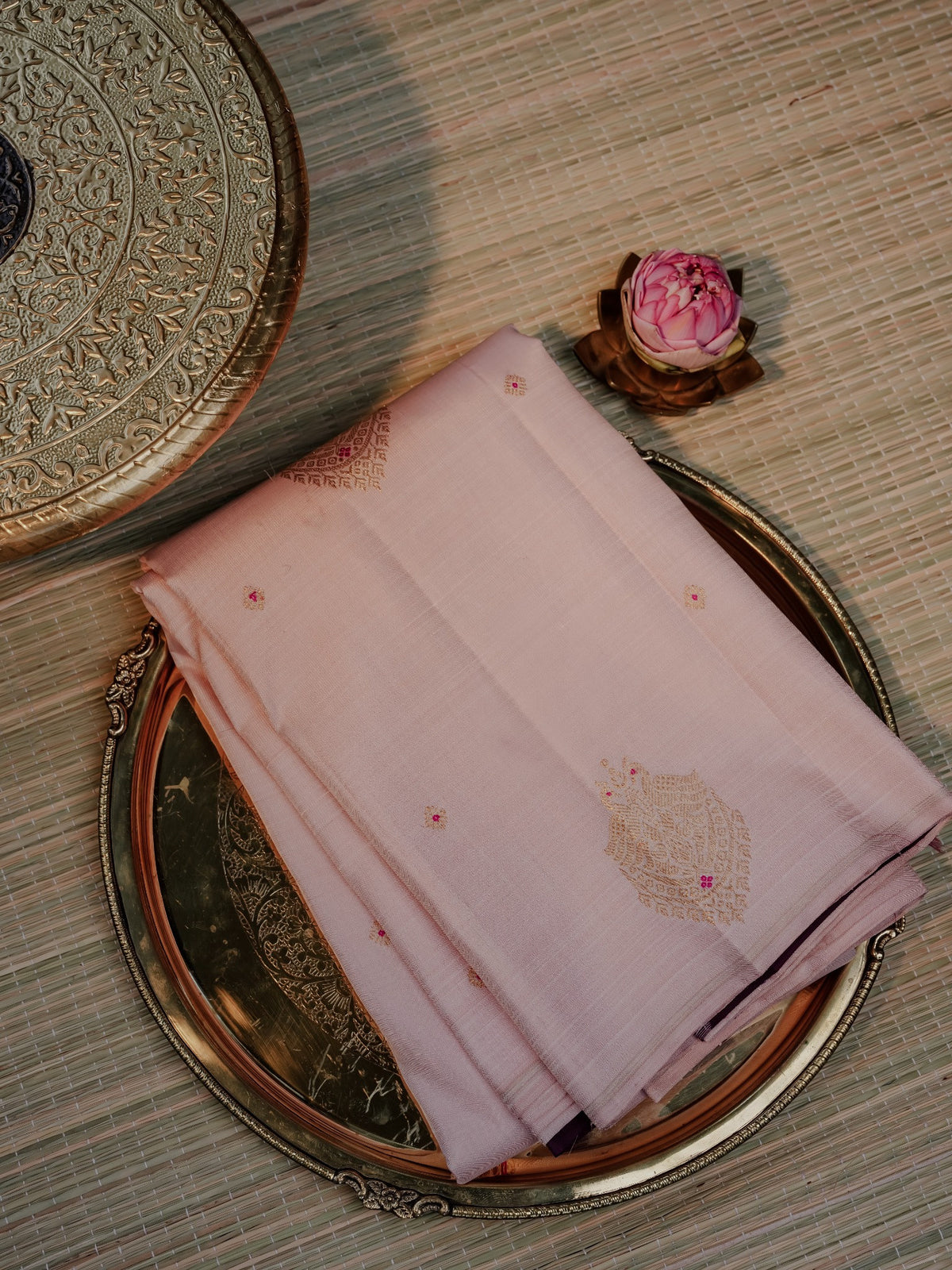 Blush Pink Kanjivaram-Style Silk with Zari Buttas