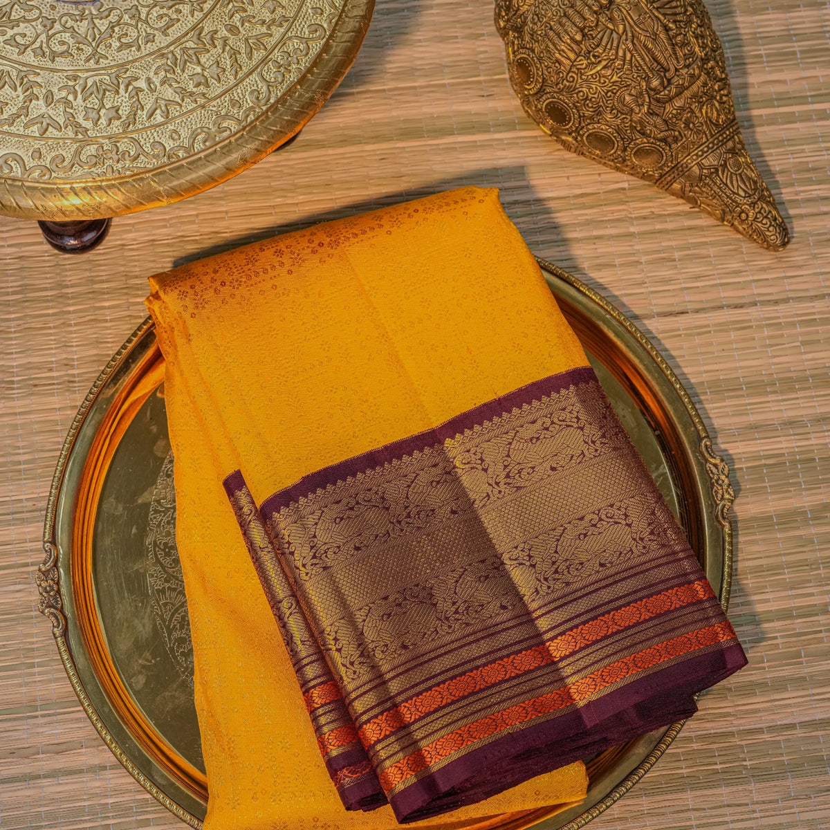 Mustard Yellow Silk Saree with Plum Border