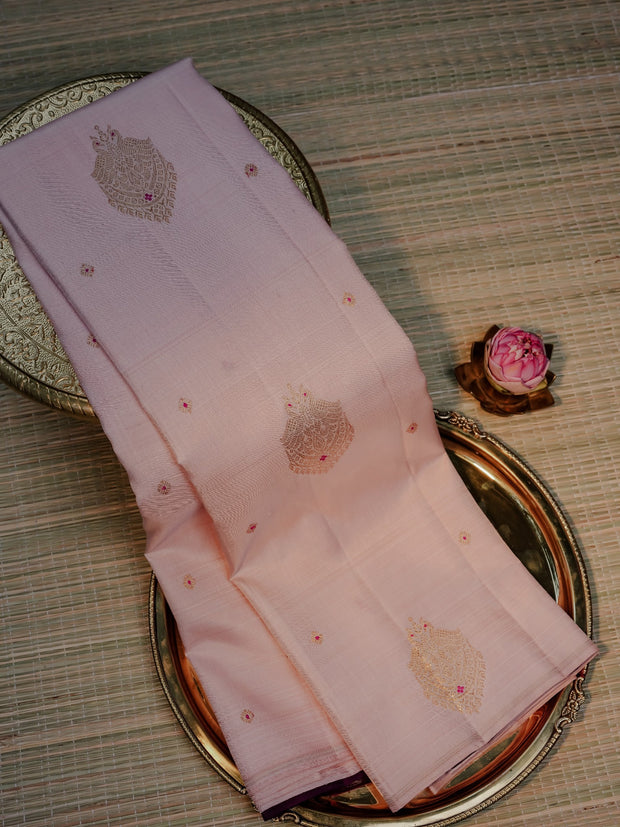 Blush Pink Kanjivaram-Style Silk with Zari Buttas