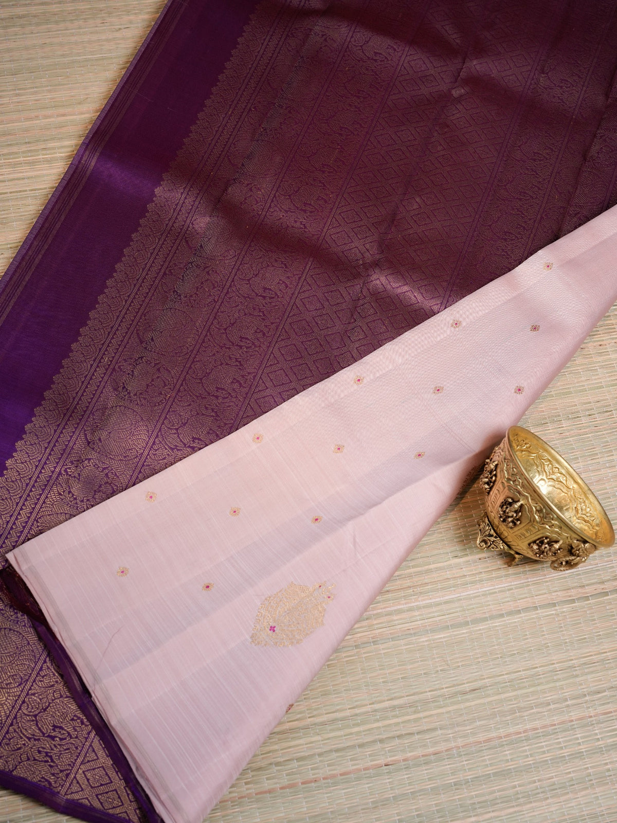 Blush Pink Kanjivaram-Style Silk with Zari Buttas