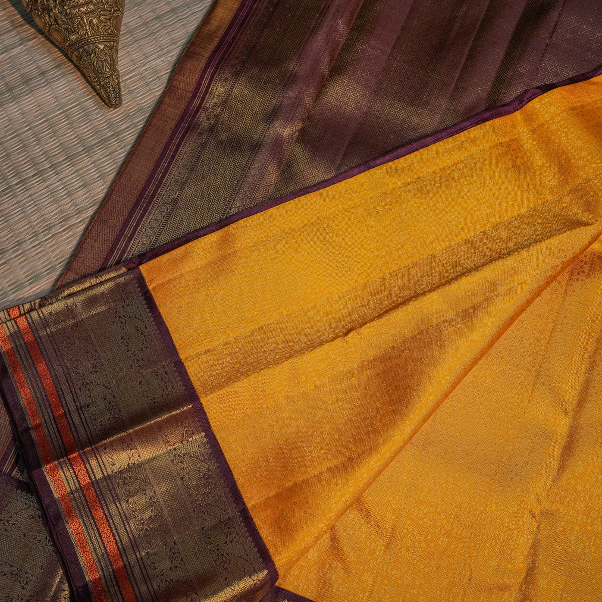 Mustard Yellow Silk Saree with Plum Border