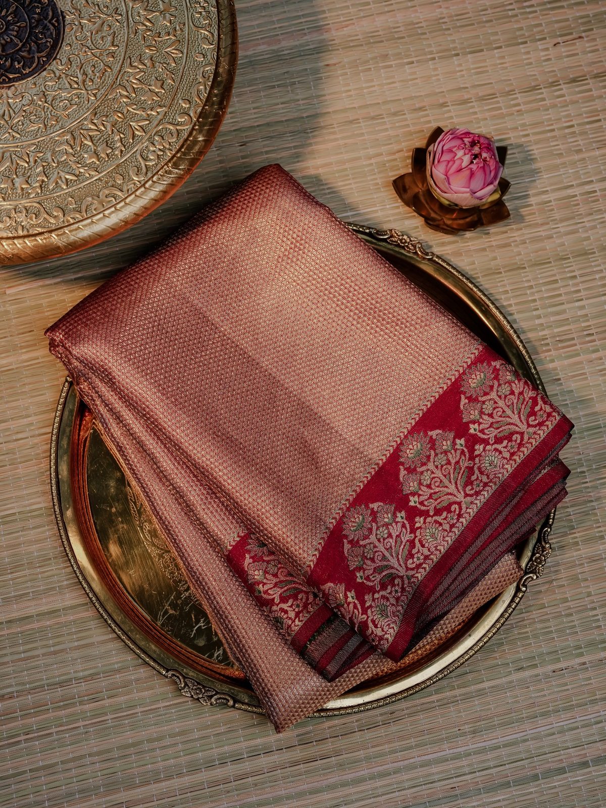 Elegant Rose Gold and Maroon Zari Saree