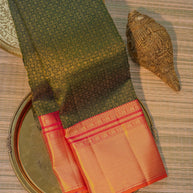 Dark Green & Peach Orange Silk Saree