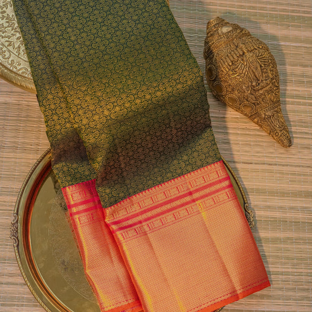 Dark Green & Peach Orange Silk Saree