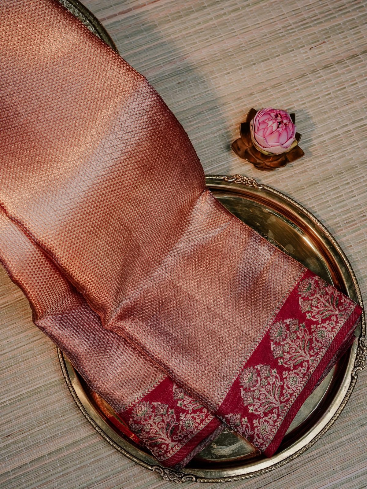 Elegant Rose Gold and Maroon Zari Saree