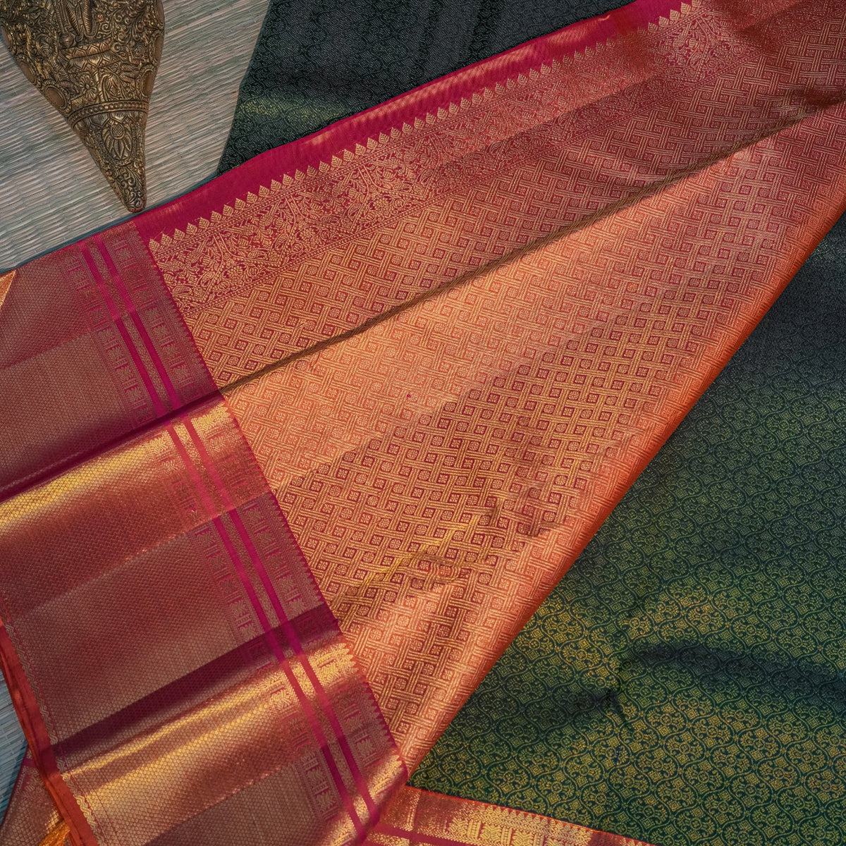 Dark Green & Peach Orange Silk Saree