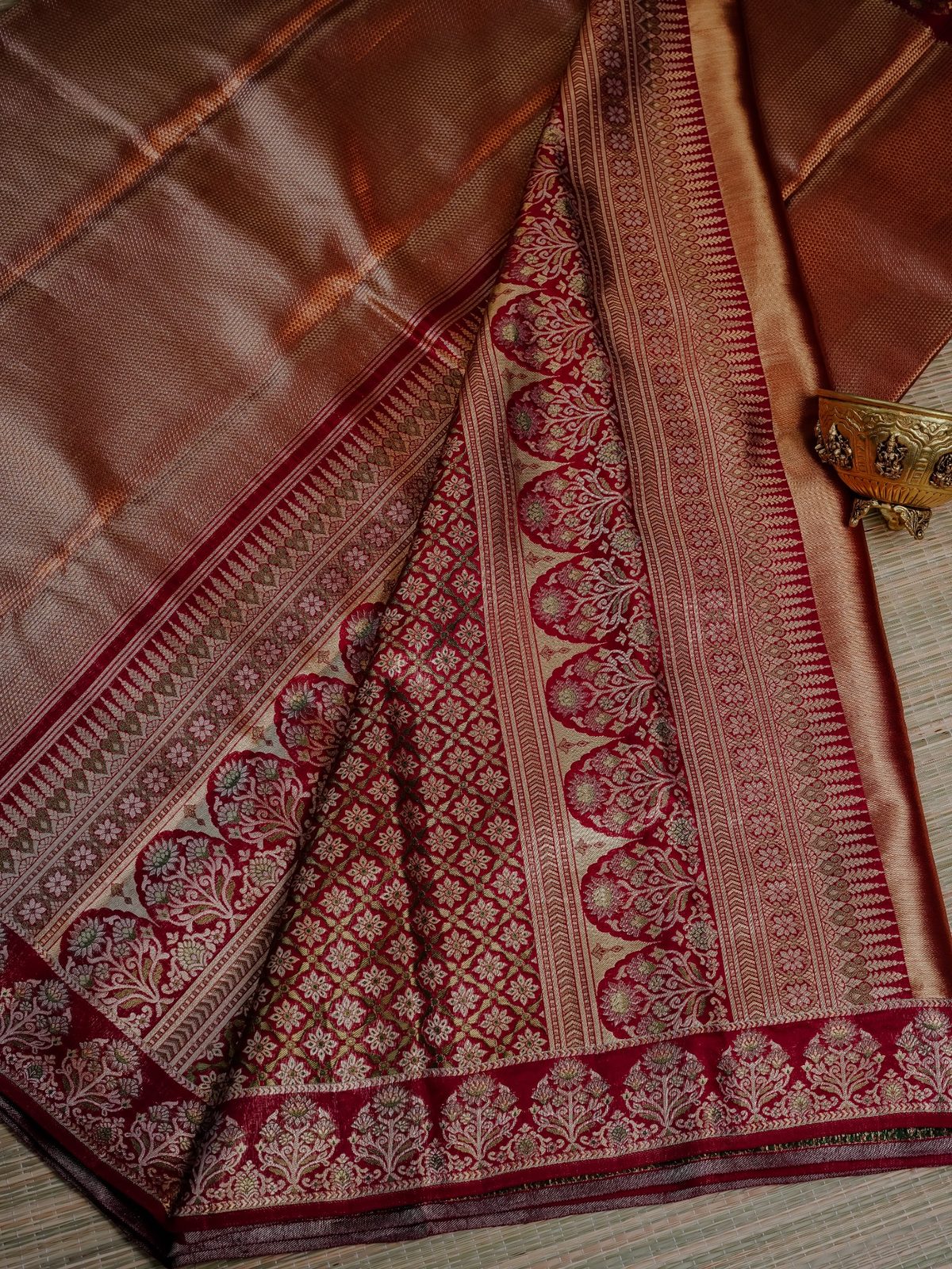 Elegant Rose Gold and Maroon Zari Saree