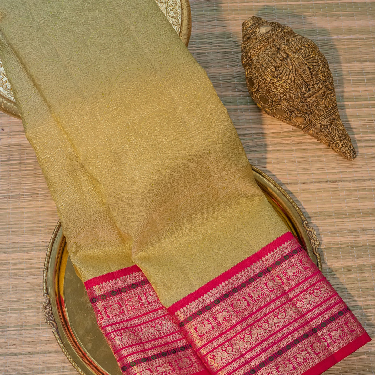 Light Olive & Pink Silk Saree