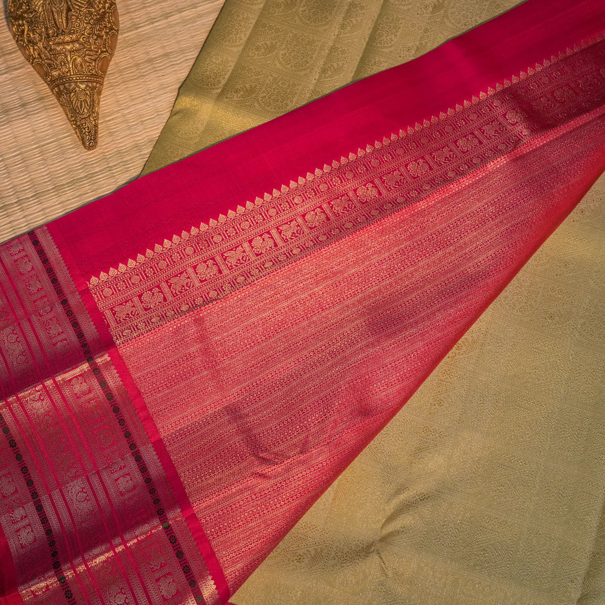 Light Olive & Pink Silk Saree