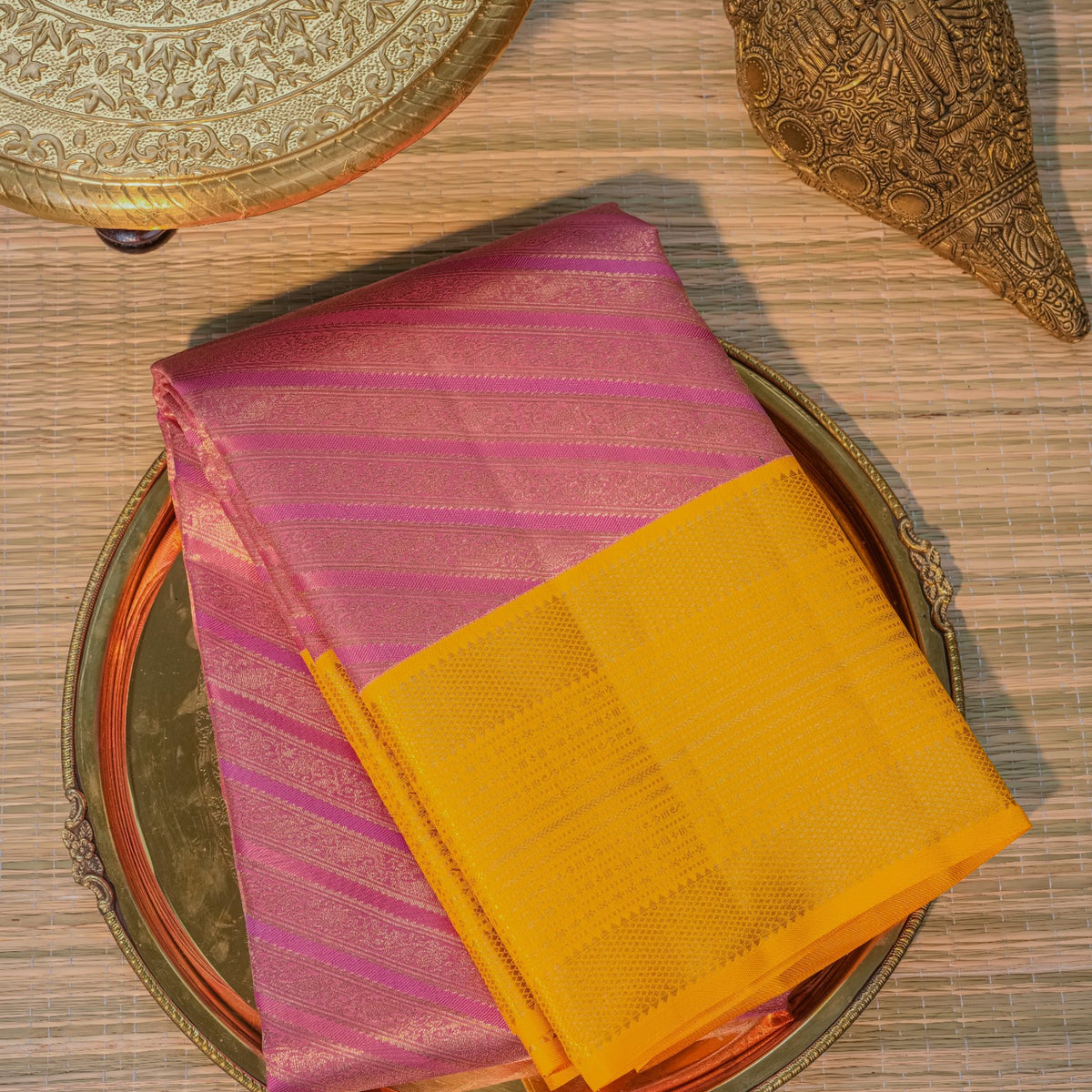 Pink & Mustard Yellow Silk Saree