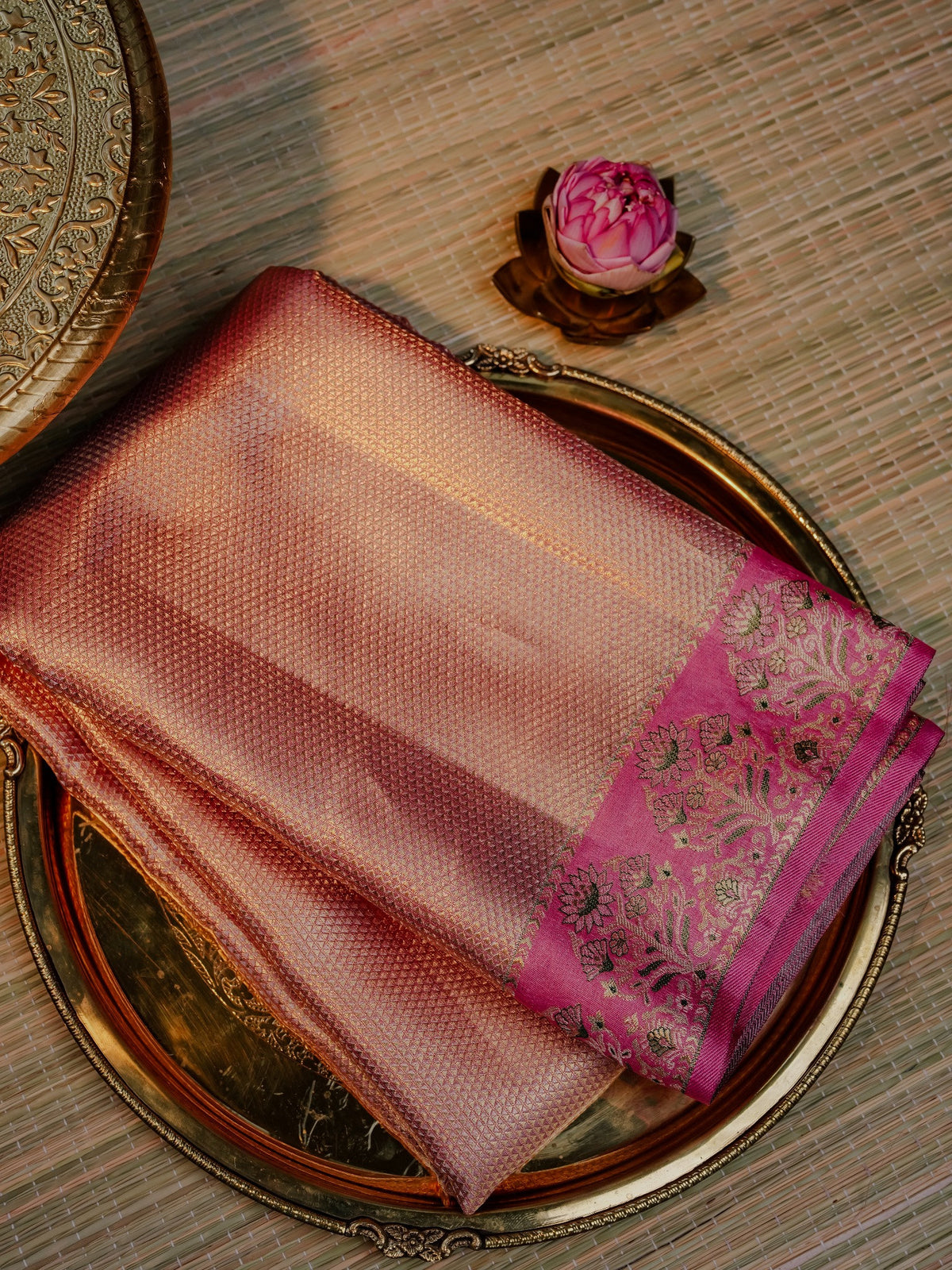 Rose Gold Saree with Pink Floral Border