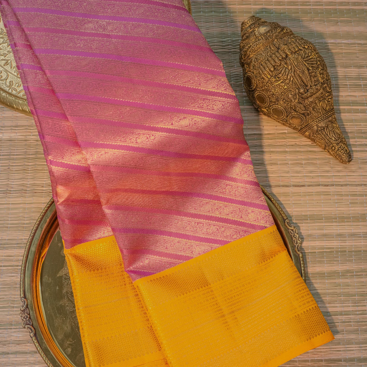 Pink & Mustard Yellow Silk Saree