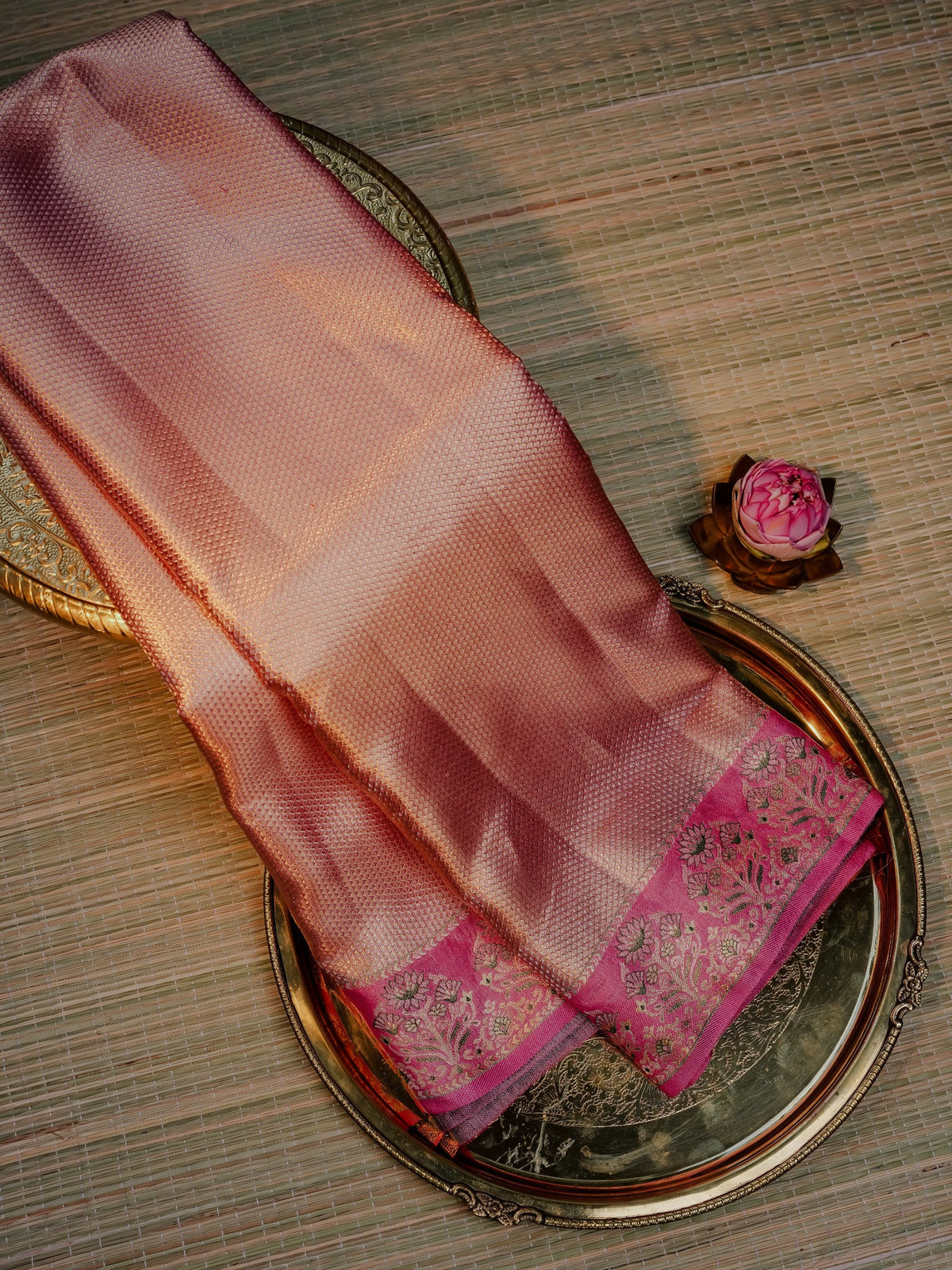 Rose Gold Saree with Pink Floral Border