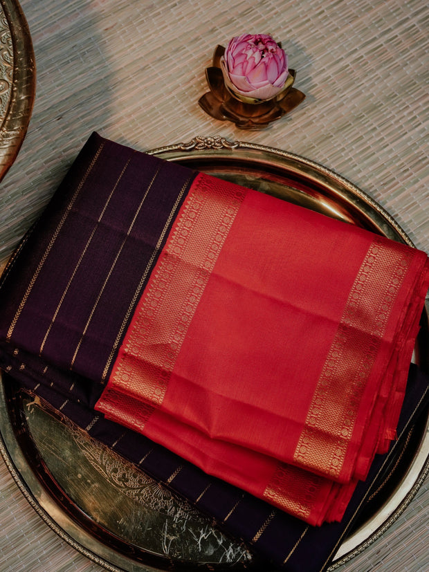 Deep navy-purple and red-orange | Contrast Saree with Gold Zari Border